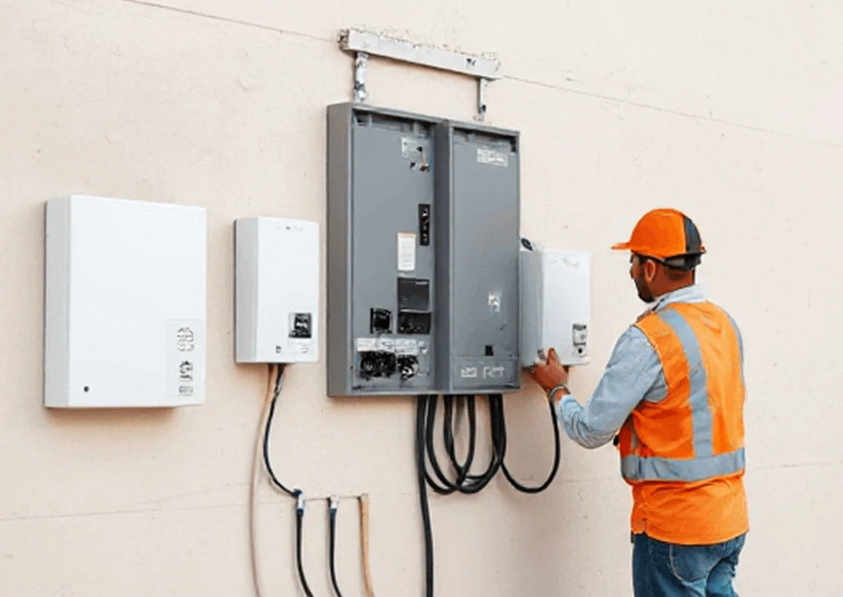 Professional team performing switchgear installation on commercial site in Dubai